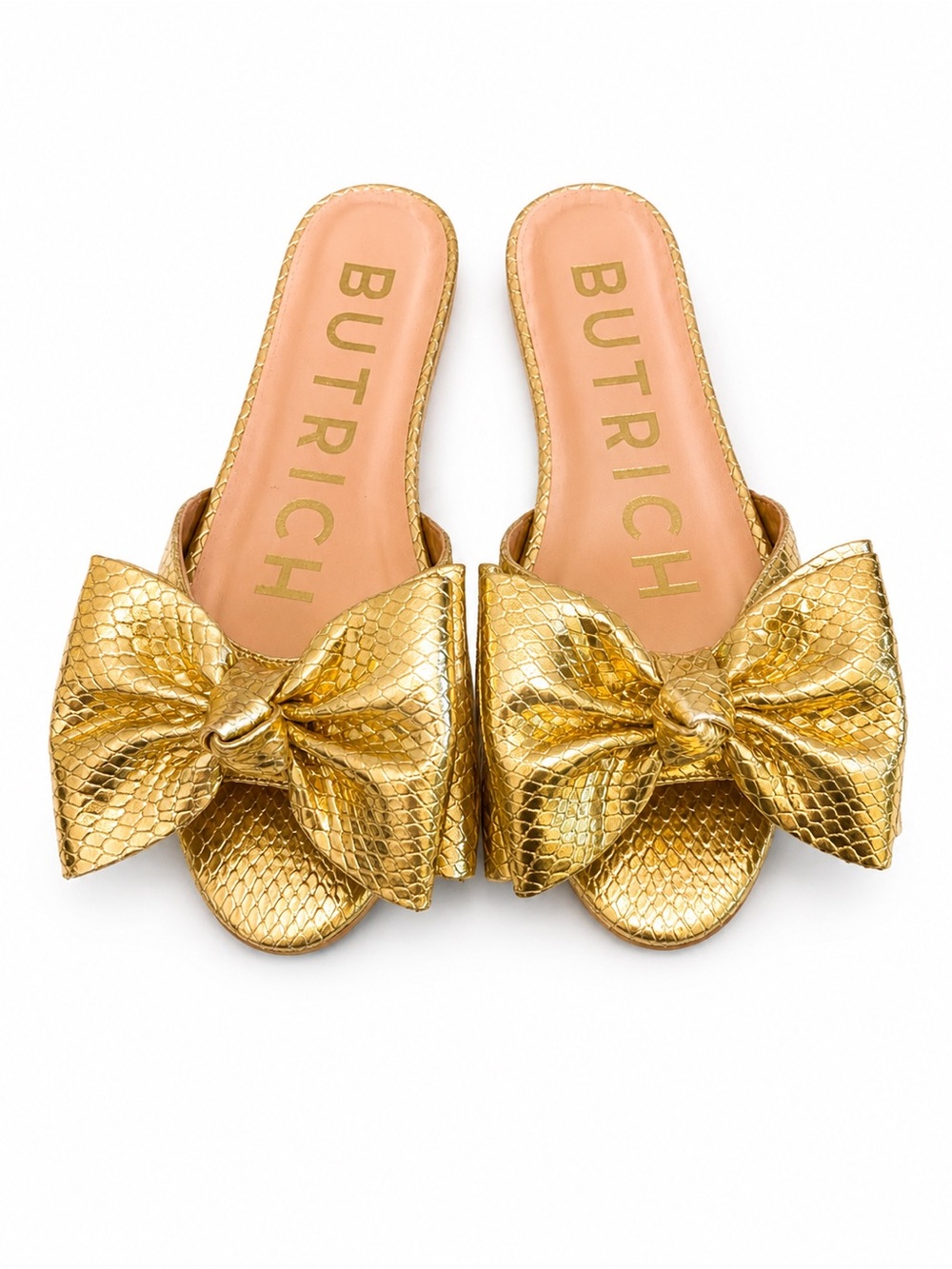 BUTRICH Alina Gold Bow Slide Flat Snake Embossed Sandals